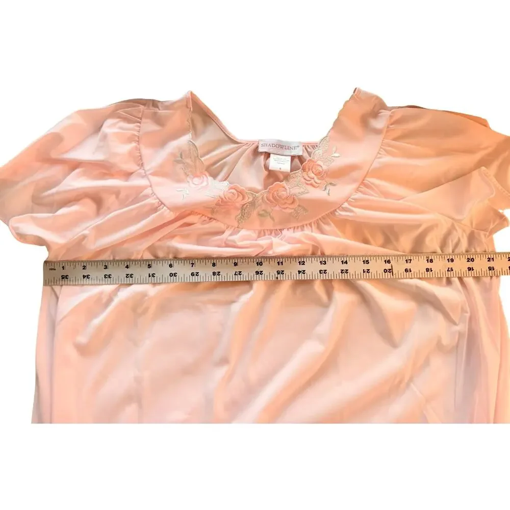 Shadowline Vintage Pink Embroidered Rose Nightgown, New Old Stock Nylon Sz S